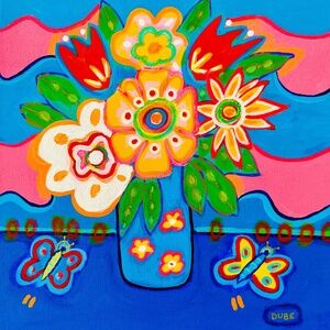 Original Painting Collectible Flowers Butterflies 12"x12" One of a Kind